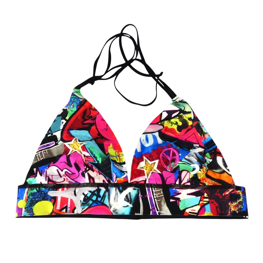 PILYQ PQ Reversible Bikini Top GRAFFITI MULTI-COLOR or BLACK Seamless Halter M